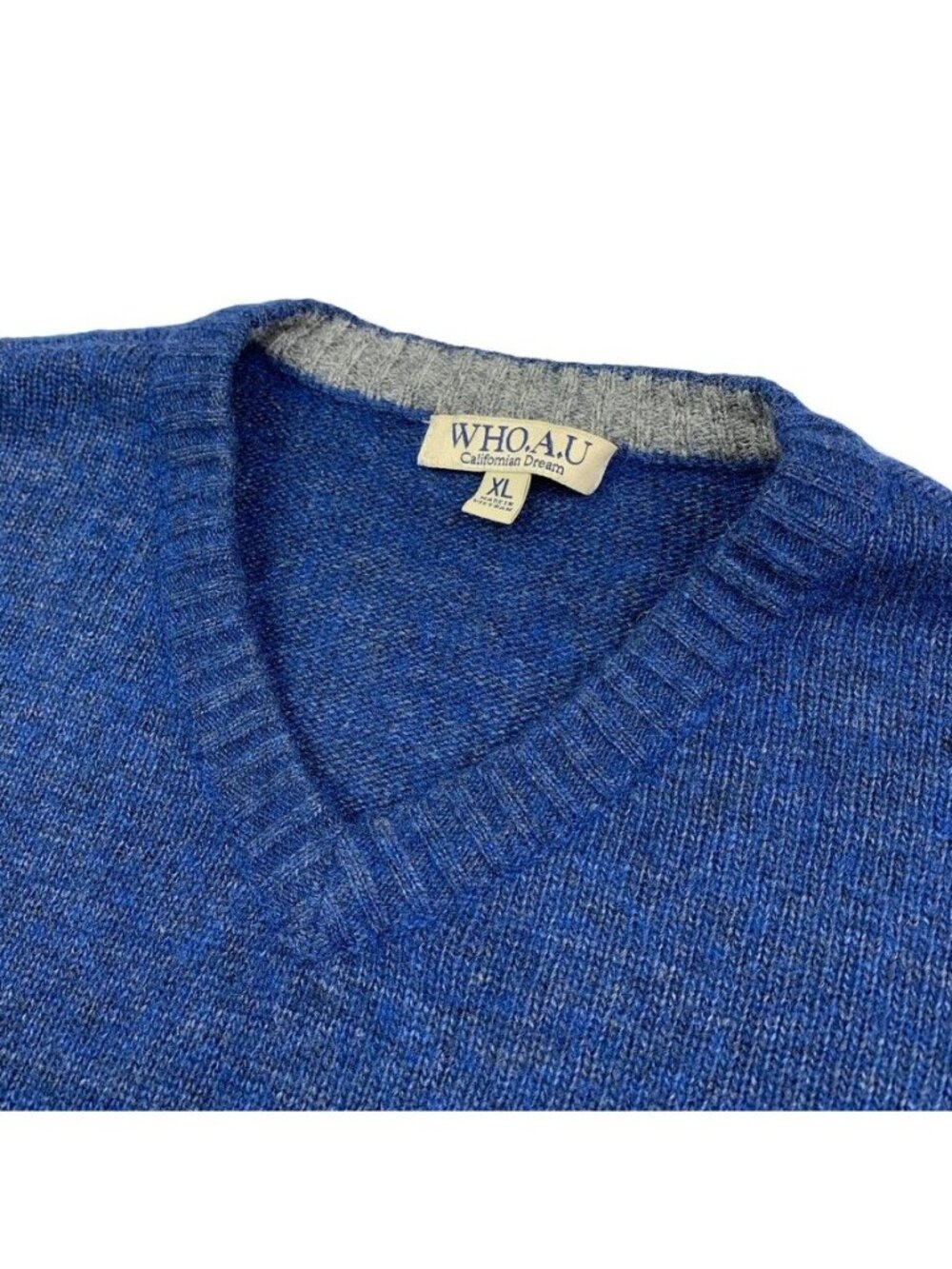 Who.A.U Men's Wool/Nylon V-Neck Pullover Sweater Blue • XL